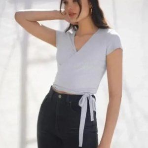 Reformation Flora Ribbed Knit Wrap Top - Sky Blue